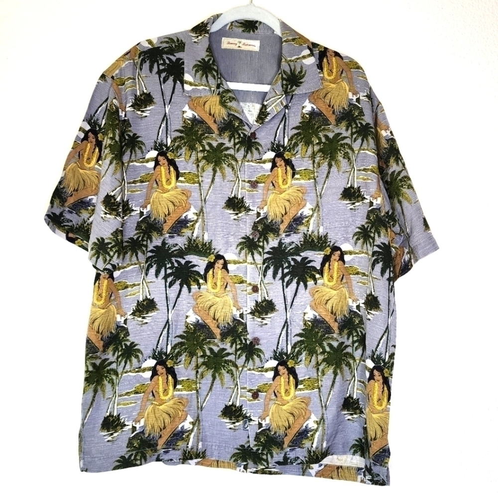 Tommy Bahama Hula Girl Print Silk Button Down Top M